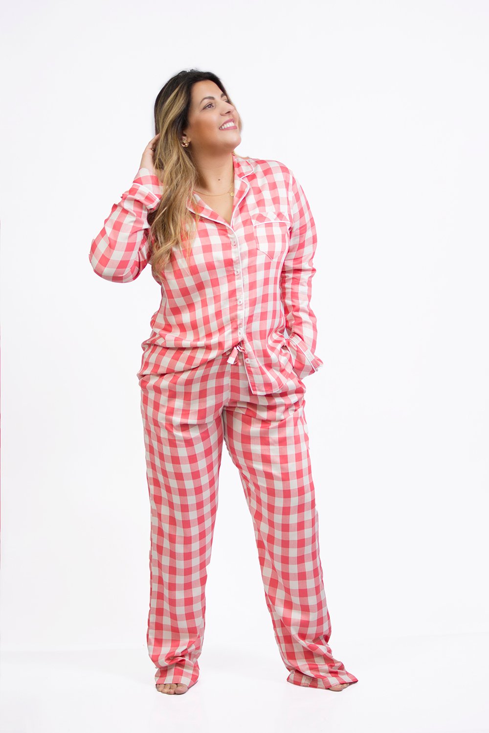 Pijama Feminino Americano Lua Chic Xadrez Salmão